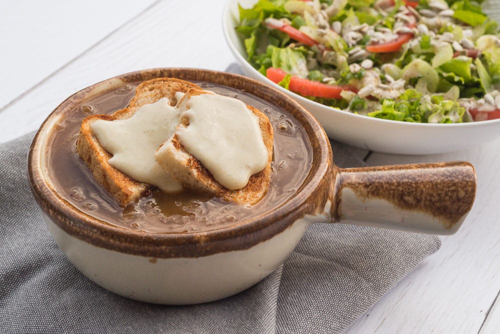 Vegan French Onion Soup and Side Salad Francais with Dairy Free Creamy Dijon Dressing